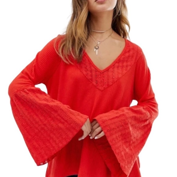New Free People Crimson Red Ribbed Lace Bell Sleeve V Neck Top Shirt - Picture 3 of 16